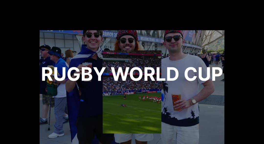 A screenshot of the rugby france website, featuring a hero section of an image of three guys wearing Scottish rugby clothing.